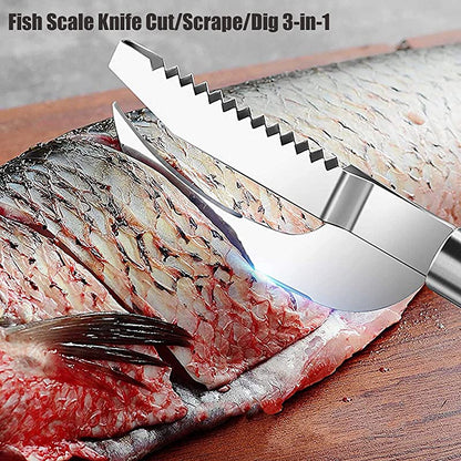 Stainless Steel 3 In 1 Fish Scale Knife Cut/Scrape/Dig Maw Knife Scale Scraper Sawtooth Peelers Scraping Boning Filleting