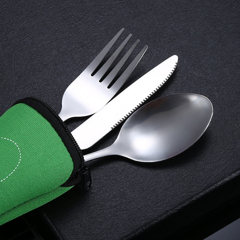 4Pcs/3Pcs Set Dinnerware Portable Printed Knifes Fork Spoon Stainless Steel Family Camping Steak Cutlery Tableware with Bag