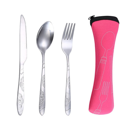4Pcs/3Pcs Set Dinnerware Portable Printed Knifes Fork Spoon Stainless Steel Family Camping Steak Cutlery Tableware with Bag