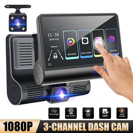 Dash Cam 1080P 3 Channel Front Inside Rear Camera Recorder Night Vision Loop Recording G-Sensor Parking Monitor 4" Touch Screen
